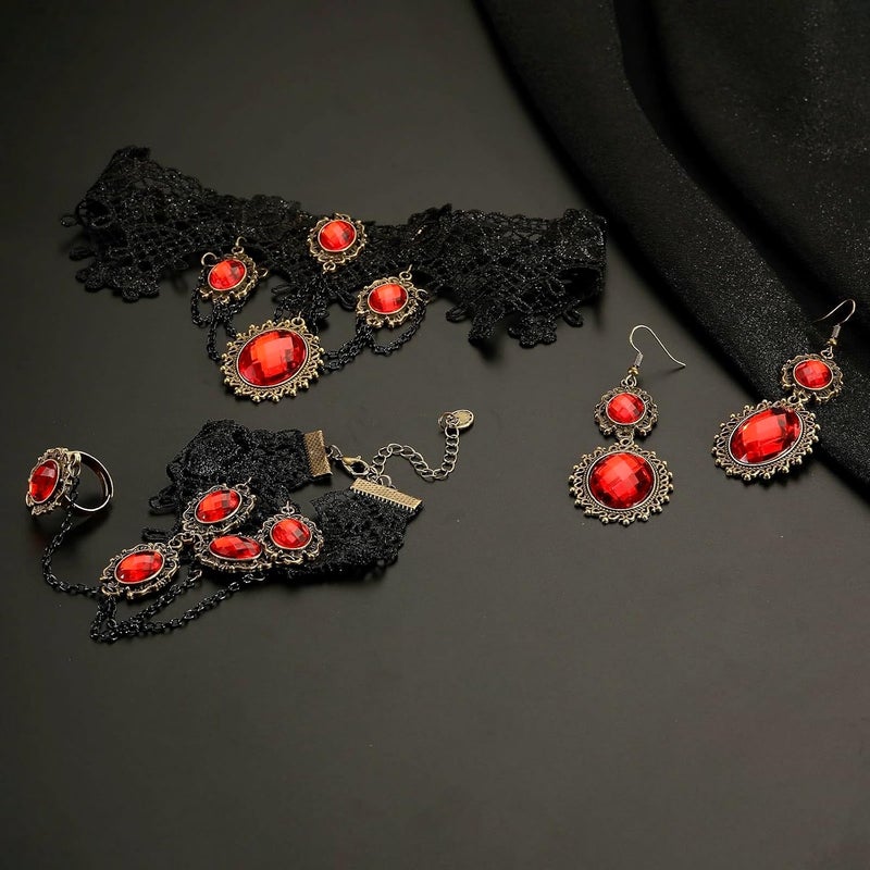 ELLEZZA Gothic Victorian Style Vampire Choker Necklace Bracelet Earrings Set,Halloween Pirate Steampunk Witch Vampire Costume Accessories Jewelry for Women,Adjustable Size - Image 4